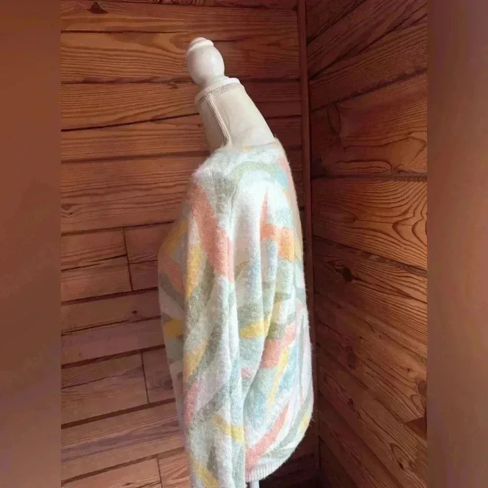 Rachel Zoe Fuzzy Crew Neck Green Pink 80s Retro Styled Sweater size small - Picture 4 of 7